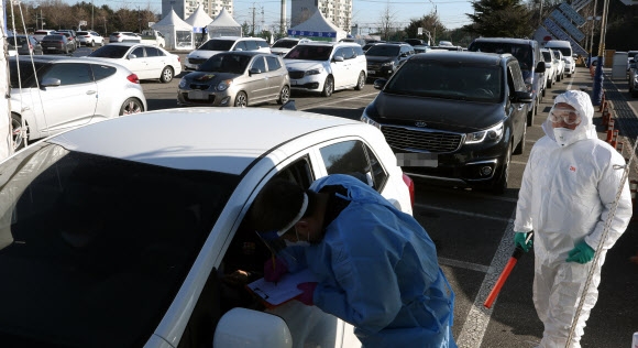 20일 강원 동해시 웰빙레포츠타운에 설치된 드라이브 스루 선별 진료소 앞에서 시민들이 코로나19 검사를 받기 위해 대기하고 있다. 동해시는 최근 코로나19 확진자가 급속하게 발생하자 전 시민 대상으로 검사를 진행하고 있다. 2020.12.20 연합뉴스