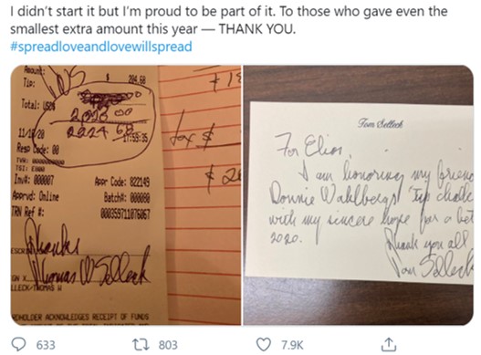 톰 셀렉이 2020달러의 팁을 낸 영수증(왼쪽)과 식당에 남긴 메모. 도니 월버그 트위터 캡쳐