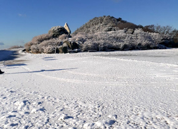 30일 오전 부산진구 백양산에 눈에 쌓여 있다. 부산은 이날 공식 적설량은 기록하지 못했지만, 일부 산간 지역에 눈에 쌓였다. 2020.12.30  부산진구 제공