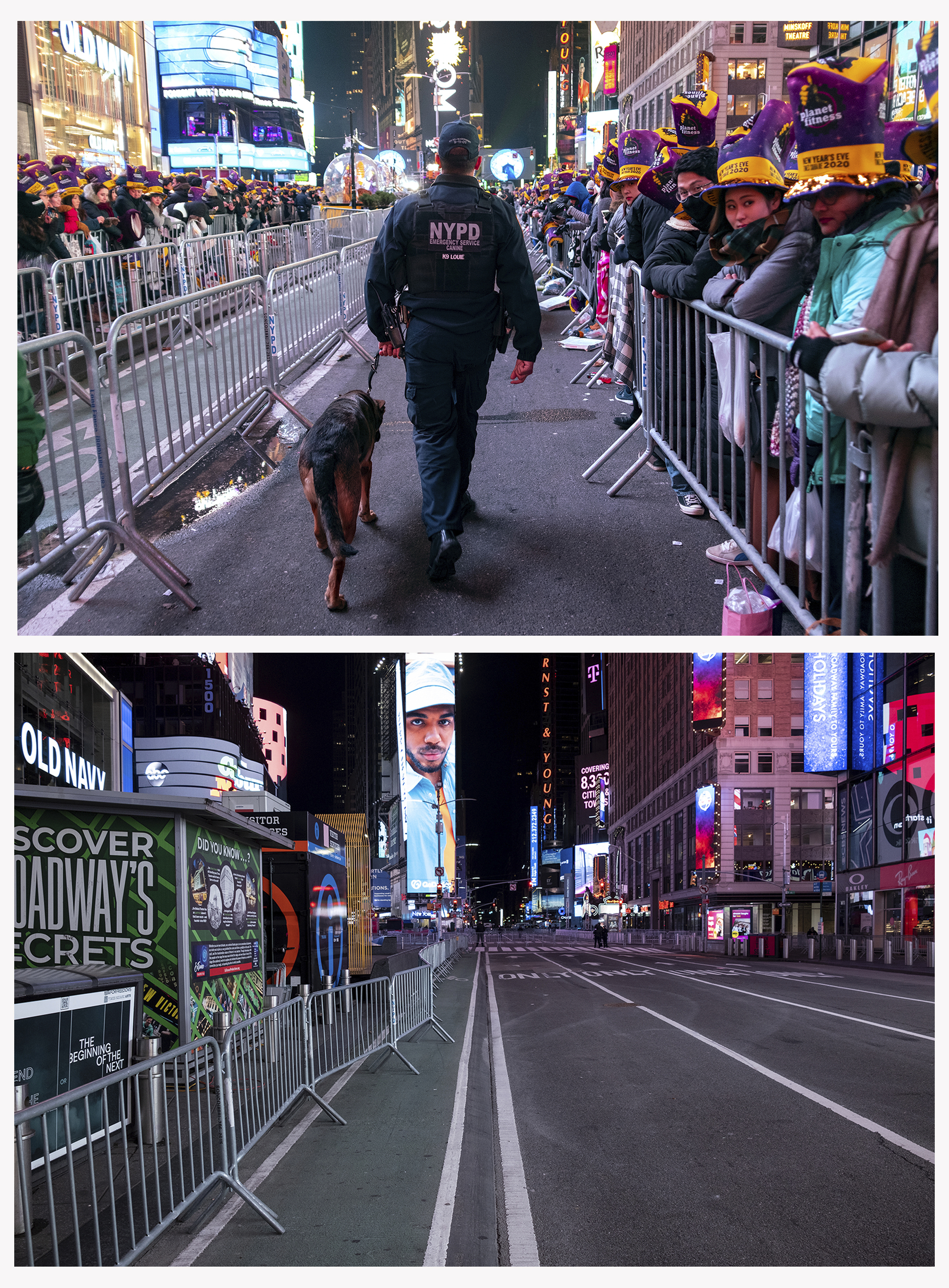매년 연말 전 세계 사람들이 모여 카운트다운을 하던 미국 뉴욕 타임스퀘어가 2020년 12월 31일 밤엔 텅 비었다(아래). 2019년 마지막날 사진(위)과 대비된다. 뉴욕 AP 연합뉴스