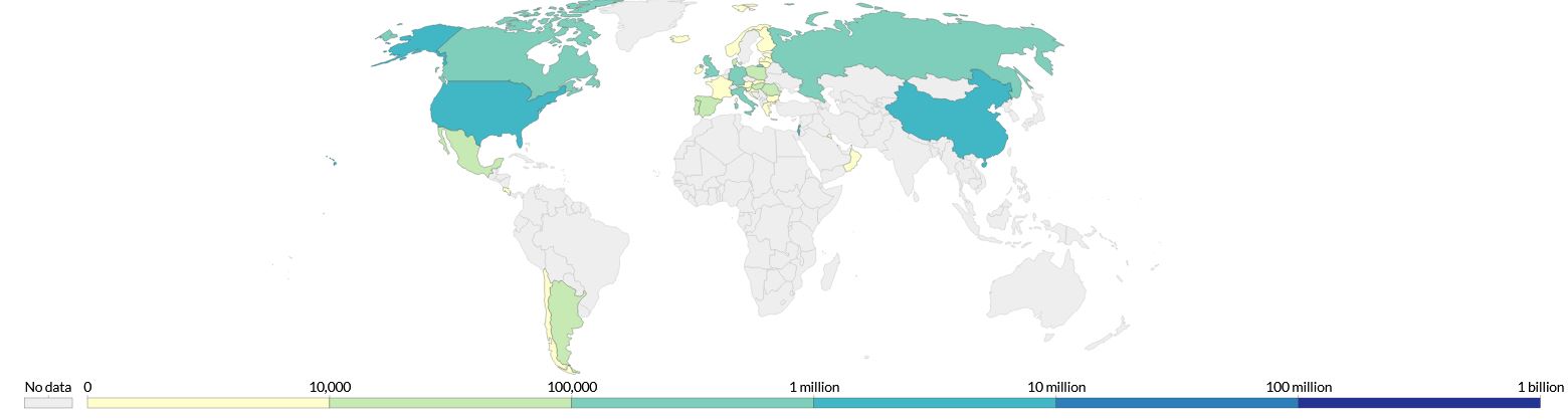 세계 백신 접종 지도. 회색이 아닌 색깔로 표시된 국가에서 코로나 백신 접종이 이뤄졌다. 출처:ourworldindata.org