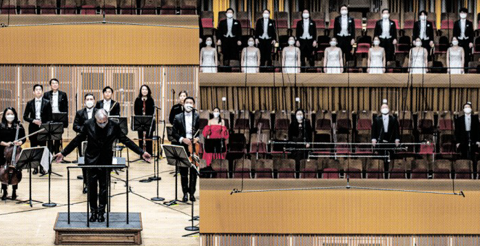 지난해 12월 20일 온라인을 통해 중계된 서울시립교향악단의 공연 모습. 베토벤 교향곡 9번 ‘합창’을 실내악 버전으로 편곡했고, 지휘자와 연주자들(왼쪽)은 물론 국립합창단과 성악가들(오른쪽)도 모두 마스크를 쓰고 연주와 노래를 했다. 서울시립교향악단 제공
