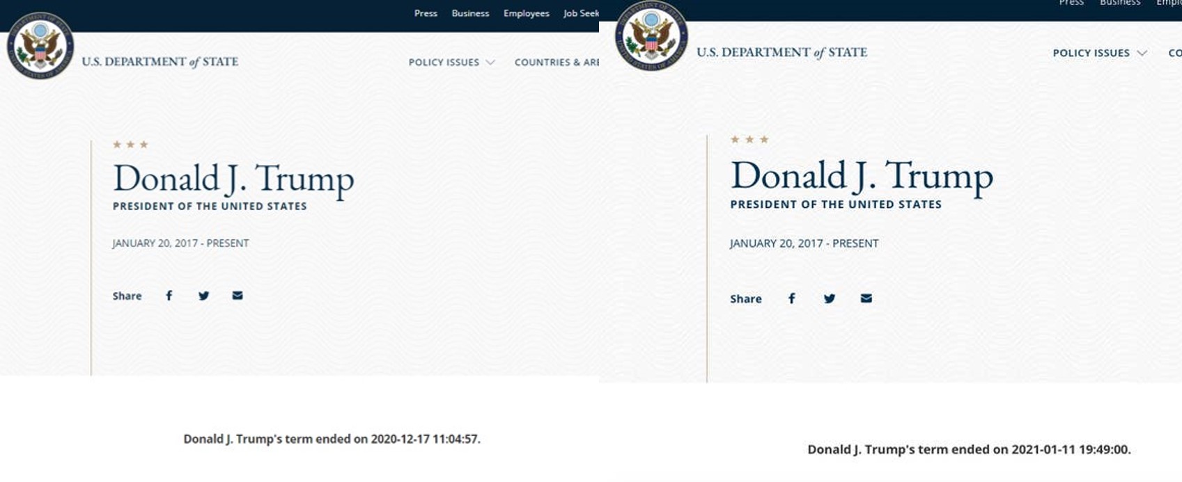 미국 도널드 트럼프 대통령의 임기를 잘못 표기한 국무부 홈페이지. 오른쪽은 11일(현지시간)에 트럼프 대통령 임기를 1월 11일로 잘못 표기된 것이고, 왼쪽은 과거에 12월 17일로 잘못 표기됐던 화면. 미 국무부 홈페이지 캡쳐