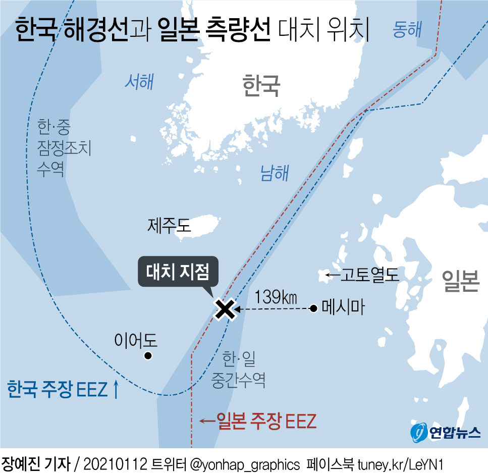 한국 해경선과 일본 측량선 대치 위치.  연합뉴스