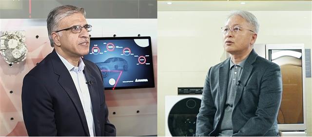 권봉석(오른쪽) LG전자 최고경영자(CEO)와 스와미 코터기리 마그나 CEO가 11일(미국 현지시간) 온라인으로 개막한 ‘CES2021’에서 전기차 파워트레인(동력전달장치)을 생산하는 합작법인 ‘LG 마그나 이파워트레인’(가칭)에 대한 비전을 밝히고 있다. LG전자·마그나 제공