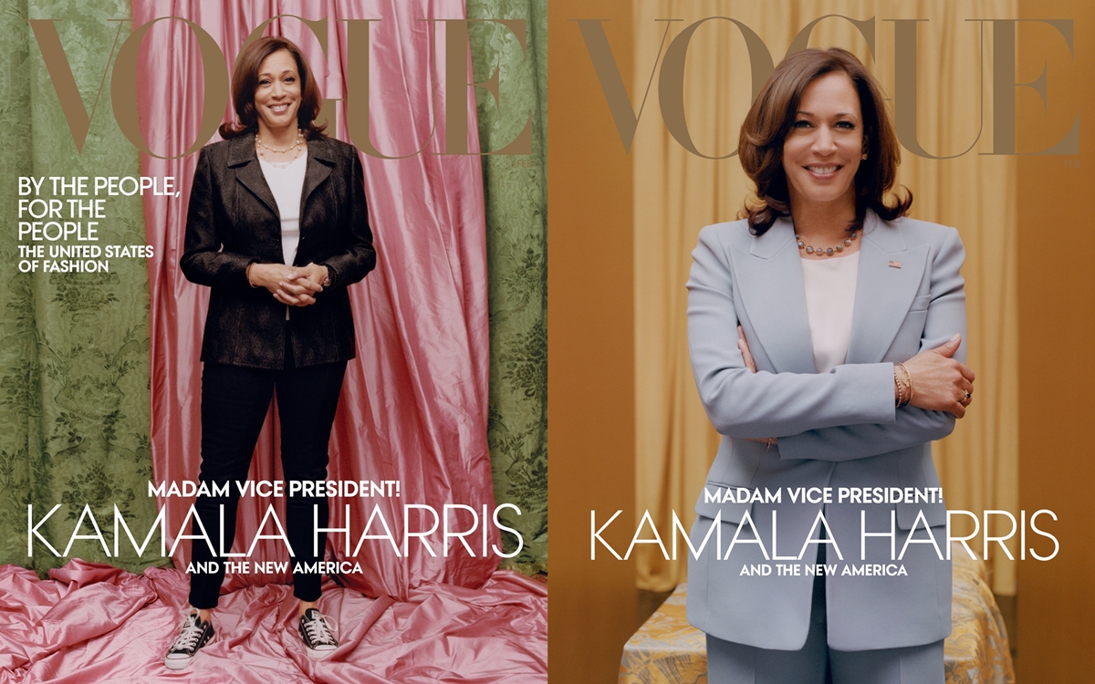 카멀라 해리스 미국 부통령 당선인이 등장하는 패션잡지 ‘보그’ 2021년 2월호 표지 사진(왼쪽). 오른쪽은 해리스 당선인 측이 골랐던 사진.  보그 트위터