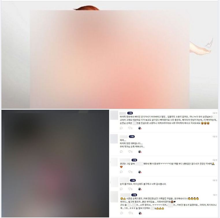 온라인에서 실제 판매돼 유통되고 있는 알페스 음란물과 이용자의 반응. 실존 인물을 소재로 성행위 묘사가 매우 사실적이고 적나라해 전체 모자이크 처리. 출처:하태경 페이스북