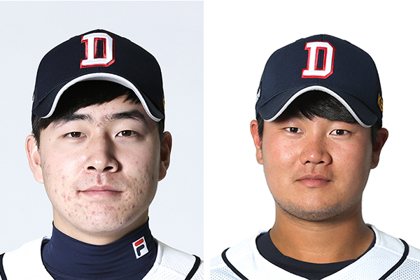 정현욱(왼쪽)과 권기영. 두산 베어스 홈페이지 캡처