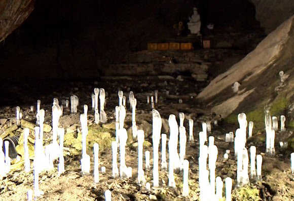 최근 영하 20도 안팎의 북극발 동장군이 기승을 부린 충북 제천시 덕산면 보덕굴에 ‘역(逆)고드름’ 100여 개가 만들어졌다고 14일 보덕굴 측이 전했다.  사진은 땅에서 위로 자라는 보덕굴의 역고드름. 2021.1.14 연합뉴스