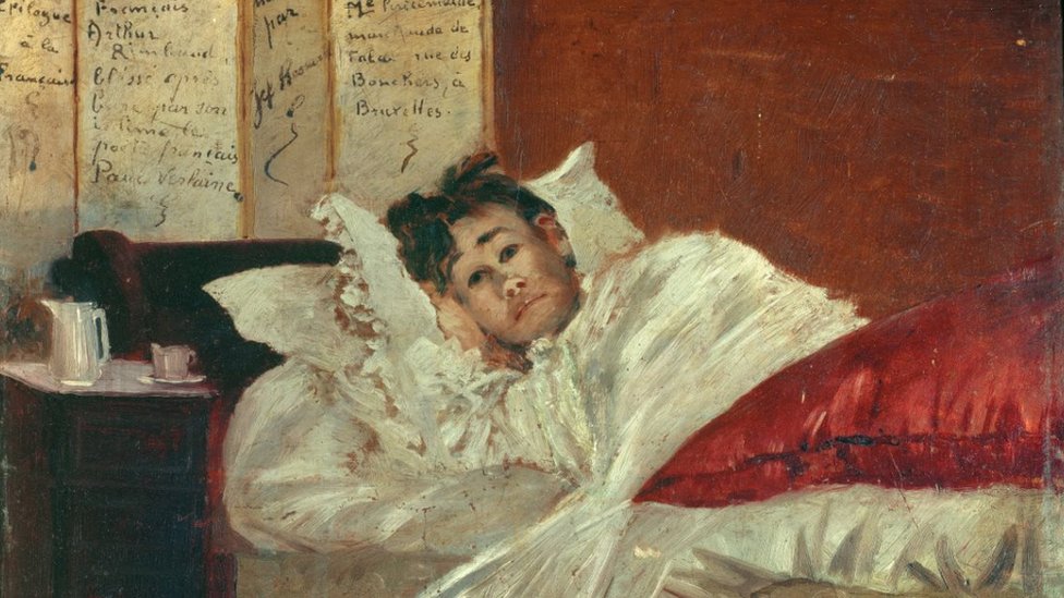 아르투르 랭보가 1873년 폴 베를렌이 쏜 총에 맞아 부상을 입고 침대에 누워 있는 모습을 제프 로스만이 그린 그림이다. AFP 자료사진
