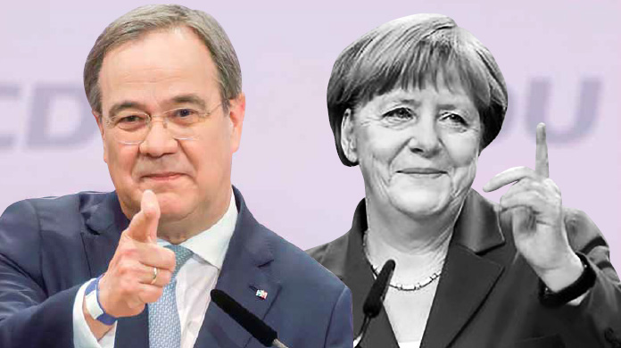 16년째 집권 중인 앙겔라 메르켈(오른쪽) 총리를 뒤이어 독일 집권당 기독민주당(CDU)을 이끌 지도자가 선출됐다. 16일(현지시간) 기민당 총재로 선출된 아르민 라셰트(왼쪽) 노르트라인베스트팔렌주 주지사가 승리의 제스처를 보이고 있다. 그는 오는 9월 연방의회 선거에서 승리하면 자매당인 기독교사회당(CSU)과의 연정을 통해 독일의 새 총리가 될 수 있다. 베를린 AP 연합뉴스