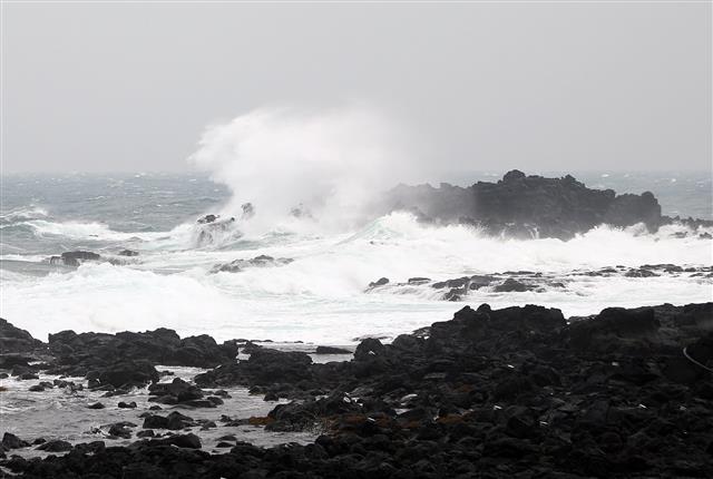 28일 오후 제주 육해상에 강풍주의보와 풍랑주의보가 내려진 가운데 제주시 서해안로 앞바다에서 하얀 물보라를 일으키는 큰 파도가 치고 있다.2021.1.28 뉴스1