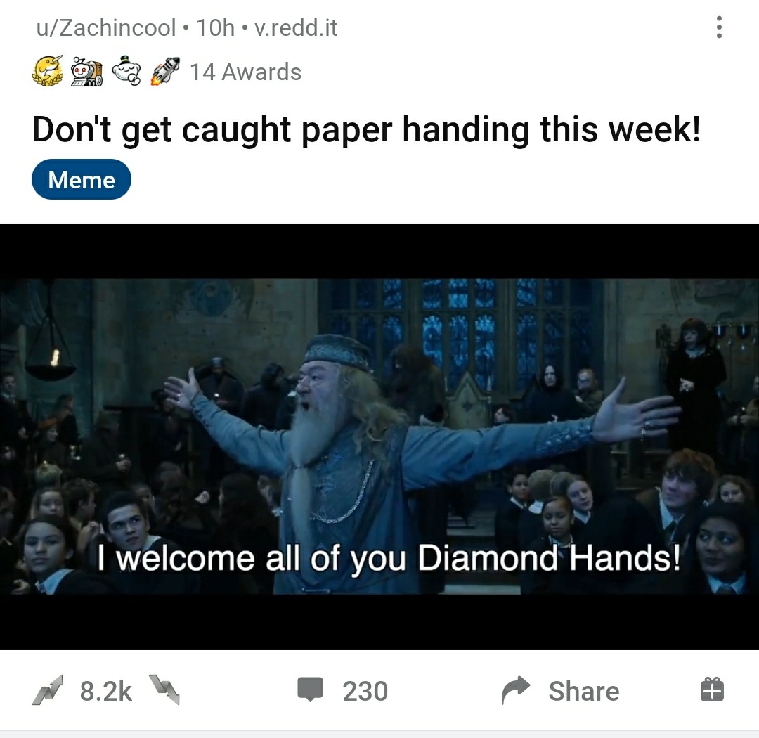 WSB에 올라온 한 게시글에는 해리포터 영화의 한 장면에 ‘나는 다이아몬드 손 모두를 환영한다’는 내용의 자막 넣은 사진을 올렸다.  WSB 캡처
