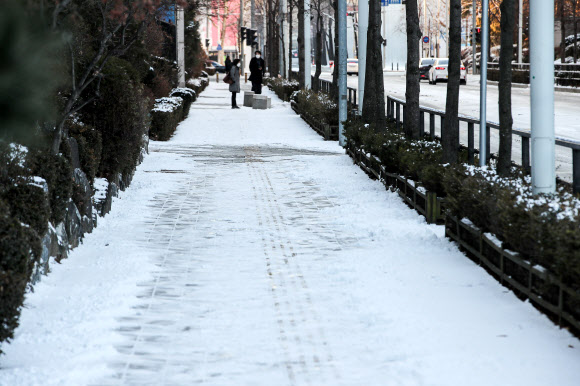밤사이 내린 눈, 이면도로는 미끌