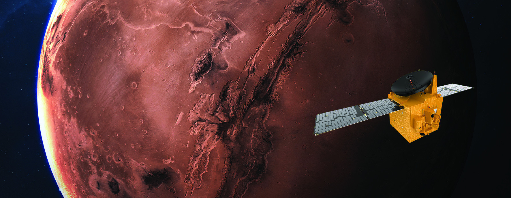 화성 궤도에 진입한 UAE 화성 탐사선 ‘알 아말’의 가상도. UAE 우주청 제공