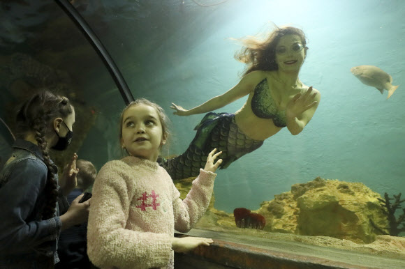 어린이들이 14일(현지시간) 러시아 예카테린부르크 오세아니아륨의 수족관에서 인어 복장을 한 잠수부를 보고 있다. 타스 연합뉴스