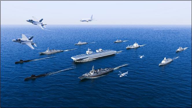 해군이 경항공모함 화상 세미나에서 처음 공개한 경항모 전투단 항진도. 해군 제공