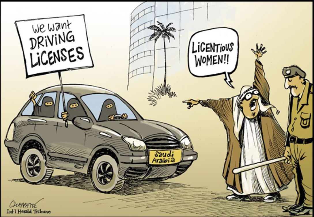 사우디아라비아에서 여성의 운전 금지 조치 해제 관련 헤럴드 트리뷴 만평. ‘면허를 원한다’는 팻말을 들고 운전하는 여성들을 향해 한 남성이 “방탕하다”고 말하고 있다. 국제앰네스티 제공