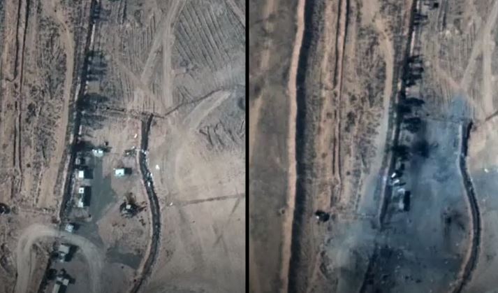 지난 25일(현지시간) 미군 전투기의 공습으로 초토화된 시리아 동부 이라크 국경 인근의 친이란 민병대 시설 10개의 건물이 공격을 받기 전과 후의 모습. 막사 위성 사진 연합뉴스 