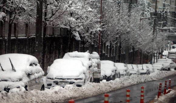 눈 뒤집어쓴 차량