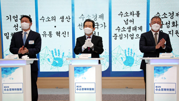 핸드프린팅 마친 정세균 총리와 정의선.최태원 회장