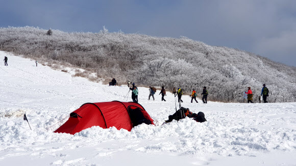 선자령 설경 만끽하는 등산객