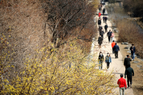 전국 대부분 지역의 낮 기온이 15도 이상으로 오르며 포근한 봄 날씨를 보인 10일 오후 시민들이 서울 청계천을 산책하고 있다. 2021.3.10  연합뉴스