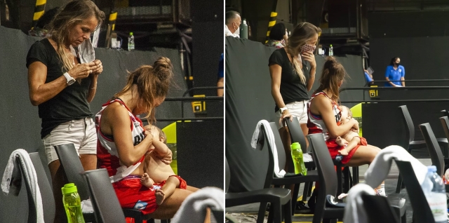 아르헨티나 여자프로농구 경기 도중 선수가 모유 수유하는 장면. 트위터 캡처