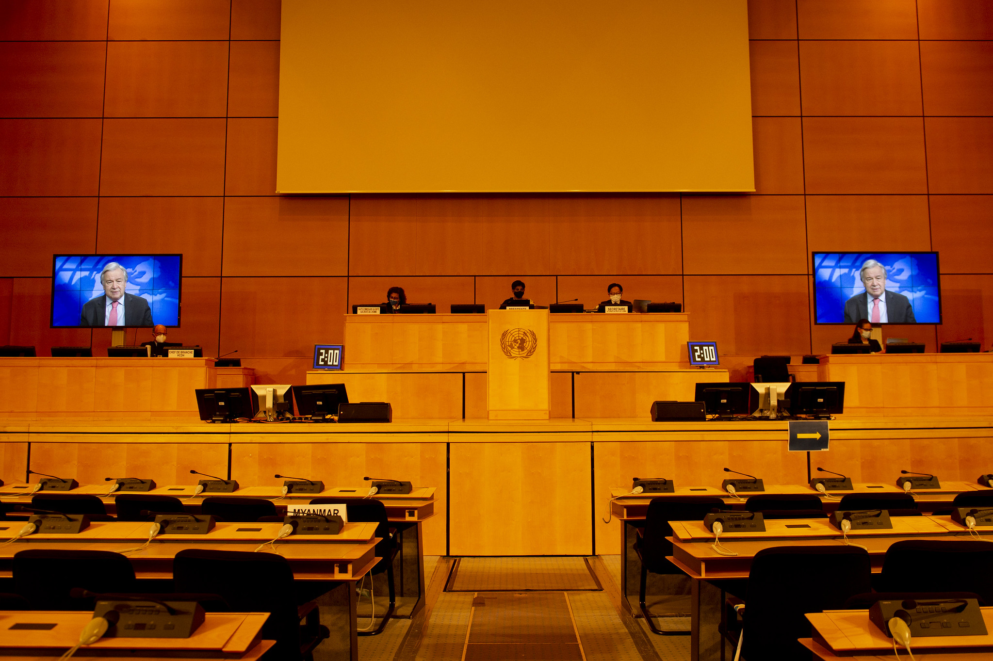 안토니우 구테흐스 유엔 사무총장이 지난달 22일(현지시간) 제네바에서 열린 제46차 유엔인권이사회에서 화상 연설을 하고 있다. 유엔 제공