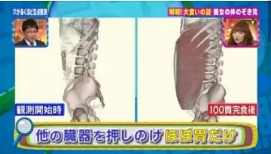 초밥 100개를 먹은 직후 배 속에서 일어나는 현상. 해당 방송 캡처