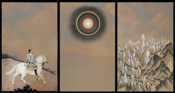프랑스 현대미술 작가 로랑 그라소의 ‘과거에 대한 고찰’. 공재 윤두서의 ‘말 탄 사람’(왼쪽)과 겸재 정선의 ‘금강내산총도’를 한 화면에 담았다. 전남도립미술관 제공