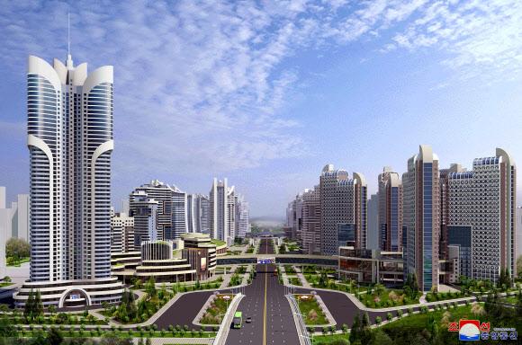 북한은 지난 23일 수도 평양에 주택 1만 세대를 짓는 착공식을 진행했다고 조선중앙통신이 24일 전했다. 사진은 준공이 완료된 이후 모습을 예상한 전체 투시도. 2021.3.24  평양 조선중앙통신 연합뉴스