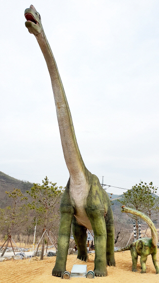 방호정 맞은편의 공룡발자국 화석지에는 초식공룡의 대명사인 브라키오사우루스(사진)와 육식공룡인 티라노사우루스 조형물이 관람객을 맞는다.