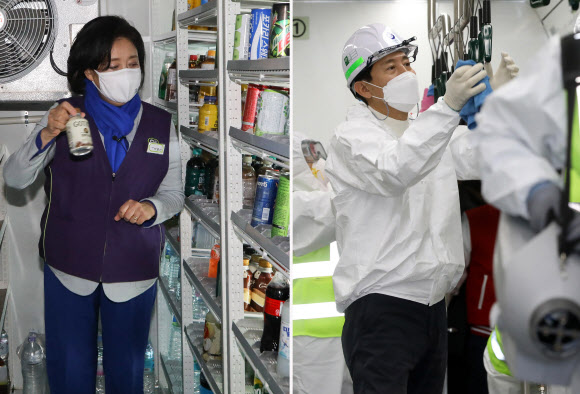 4ㆍ7 재보궐 선거운동 첫날인 25일 자정께 첫 선거운동으로 더불어민주당 박영선 서울시장 후보는 마포구 홍대 앞 한 편의점에서 야간 아르바이트를(왼쪽), 국민의힘 오세훈 서울시장 후보는 성동구 서울교통공사 군자차량사업소에서 지하철 코로나 방역활동을 하고 있다.2021.3.25  연합뉴스