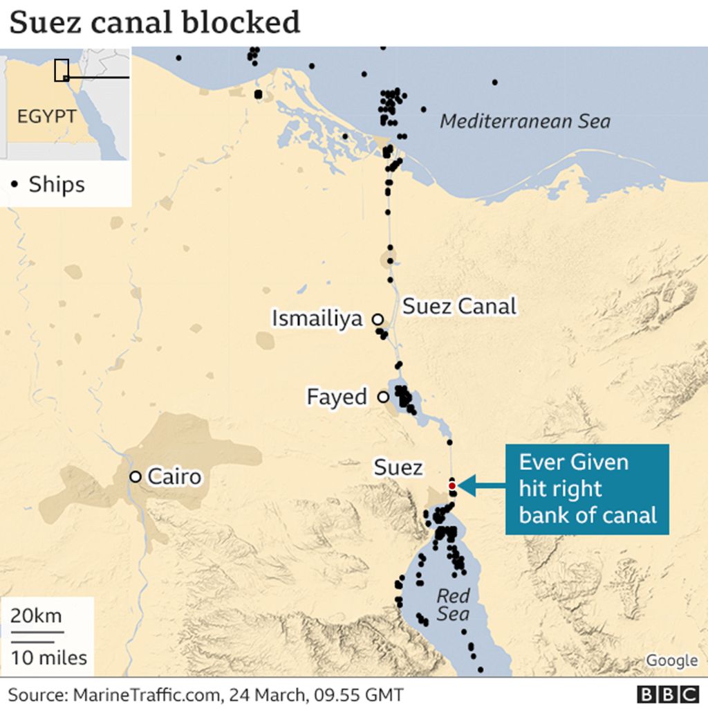 수에즈 운하 일대에 항행이 정상화되기만을 기다리며 대기 중인 배들의 위치와 크기를 표시했다. 