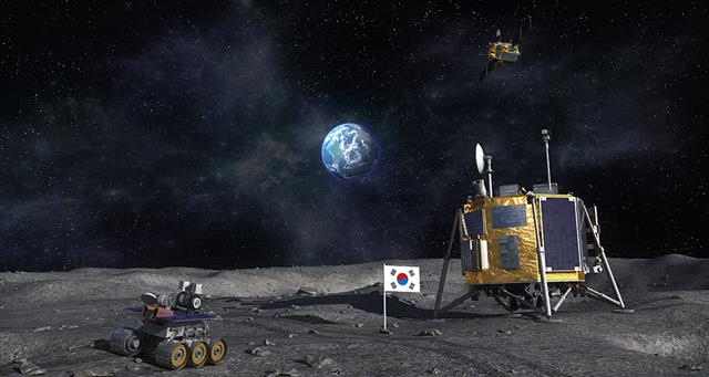 2030년 한국형 달 착륙선과 로버가 달 표면을 탐사하고 있는 가상도. 한국항공우주연구원 제공