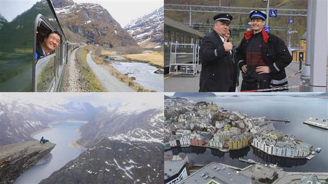 EBS1은 5~9일 세계적으로 유명한 트레킹 명소 5곳을 소개한다. 사진은 노르웨이 최장의 협만 송네 피오르를 오르는 산악 열차.<br>EBS1 제공