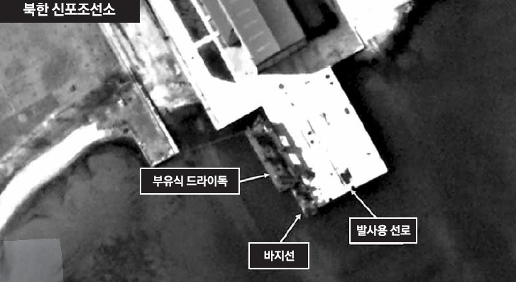 북한 함경남도 신포조선소에서 잠수함발사탄도미사일(SLBM) 시험 발사용 바지선이 보안 정박지에서 나와 부유식 드라이독으로 이동한 모습이 지난 6일 위성사진을 통해 포착됐다고 38노스가 밝혔다. 38노스 홈페이지 캡처