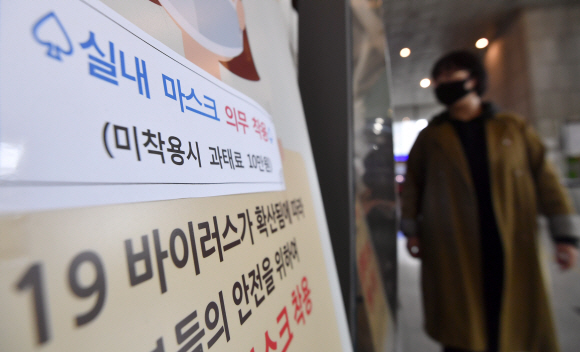 코로나19 확산세가 다시 거세지면서 실내 마스크 착용을 의무화한 12일 서울의 한 건물 안에 마스크 미착용 시 과태료 10만원이 부과된다는 내용의 알림이 붙어 있다. 박지환 기자 popocar@seoul.co.kr