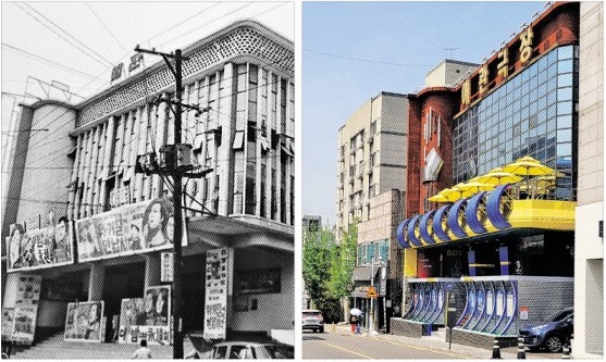 1972년도 애관극장 전경(왼쪽)과 2021년도 현재 애관극장 전경.