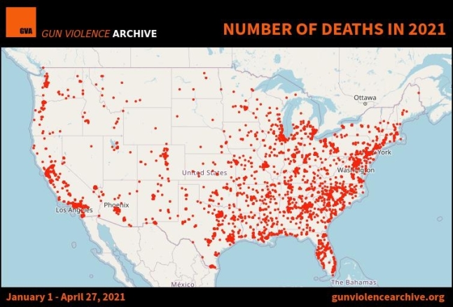 2021년 미국 총기 사건·사고 현황 지도. 총기폭력아카이브 홈페이지 캡처