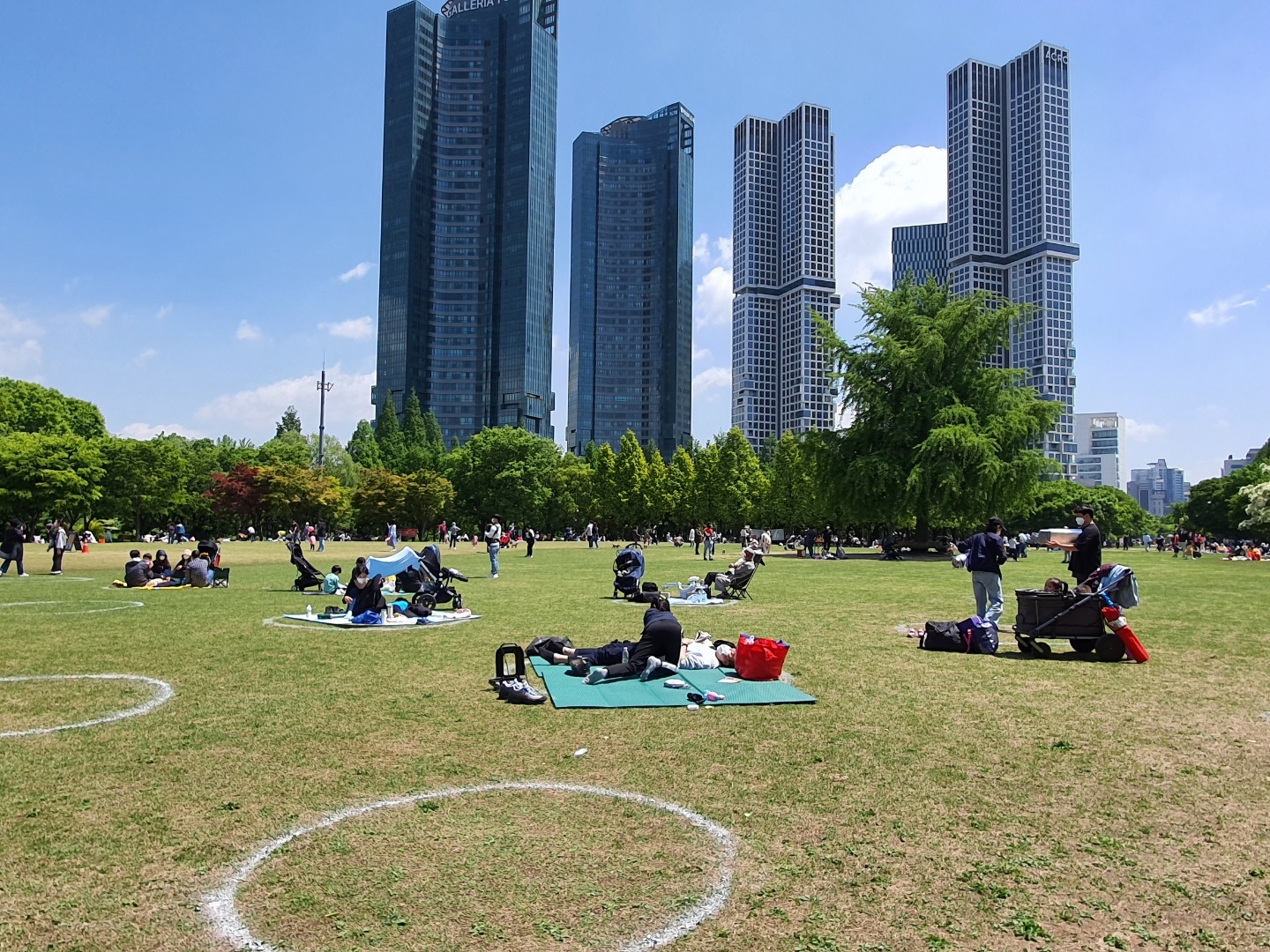 어린이날인 5일 서울 성동구 서울숲에 가족이나 친구들과 놀러 나온 사람들이 돗자리를 펴고 앉아 있다. 잔디밭에는 거리두기 간격 유지를 위한 동그라미가 그려져 있다.