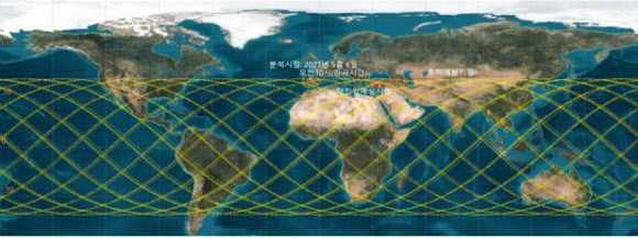 과학기술정보통신부는 지구로 추락하고 있는 중국 우주발사체 ‘창정-5B호’의 잔해물 추락 현황을 감시하고 있다고 6일 밝혔다. 사진은 추락예측 궤도. 2021.5.6 과학기술정보통신부 제공
