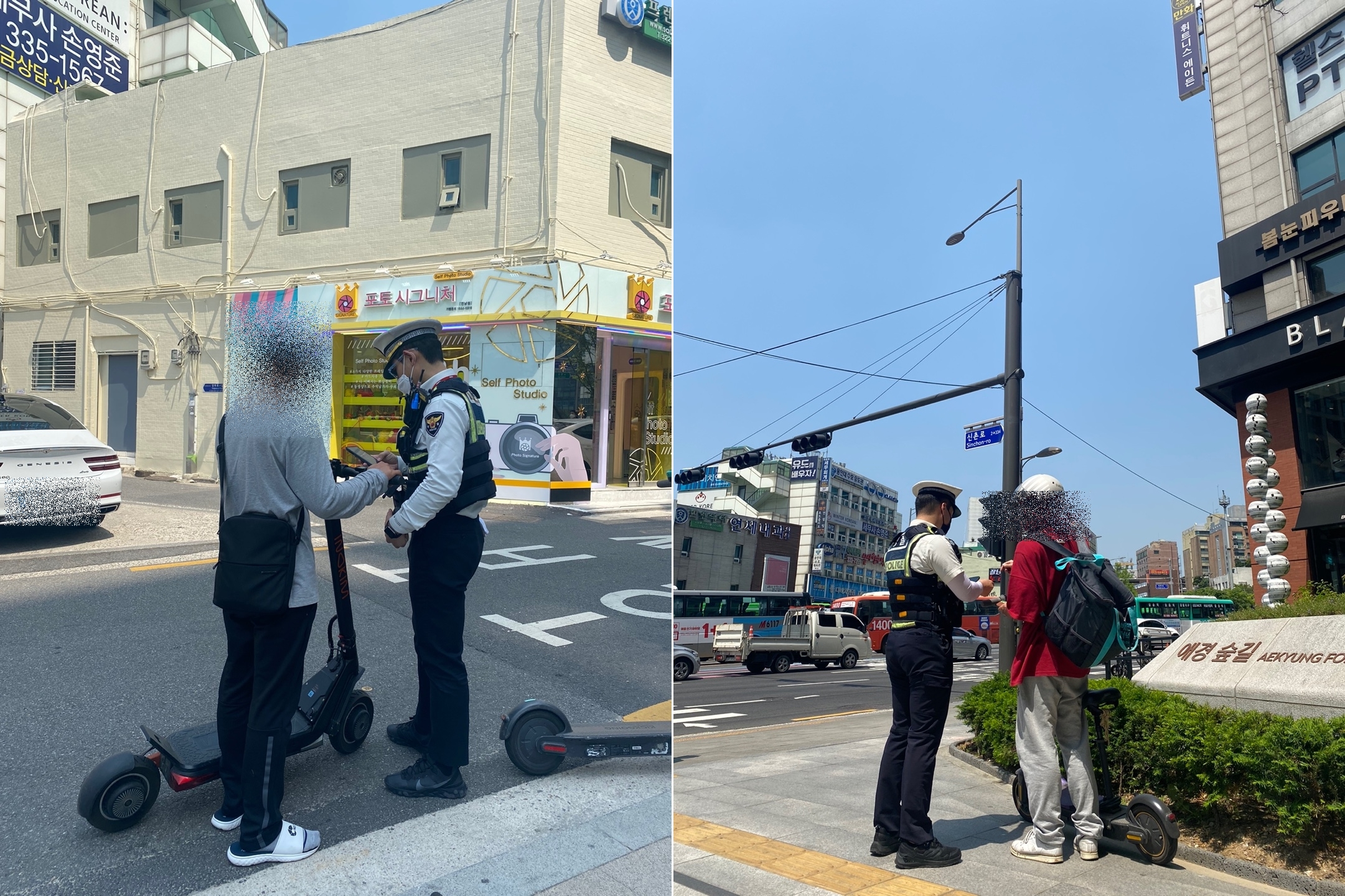 서울 마포경찰서 경찰관이 13일 마포구 홍대입구역 인근에서 헬멧 등 인명보호장구를 착용하지 않고 전동킥보드를 타고 있던 시민을 멈춰 세운 뒤 법규 준수를 안내하고 있다(왼쪽). 오른쪽은 경찰관이 같은 날 홍대입구역 인근 인도에서 전동킥보드를 타고 있던 배달원을 멈춰 세운 뒤 법규 준수를 안내하고 있는 모습.