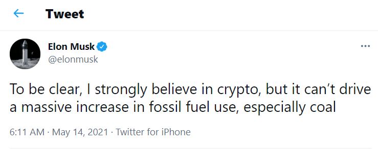 일론 머스크는 본인의 트위터에 ‘화석 연료를 많이 사용하는 암호화폐는 안 된다’는 취지의 글을 올렸다. 머스크 트위터 갈무리