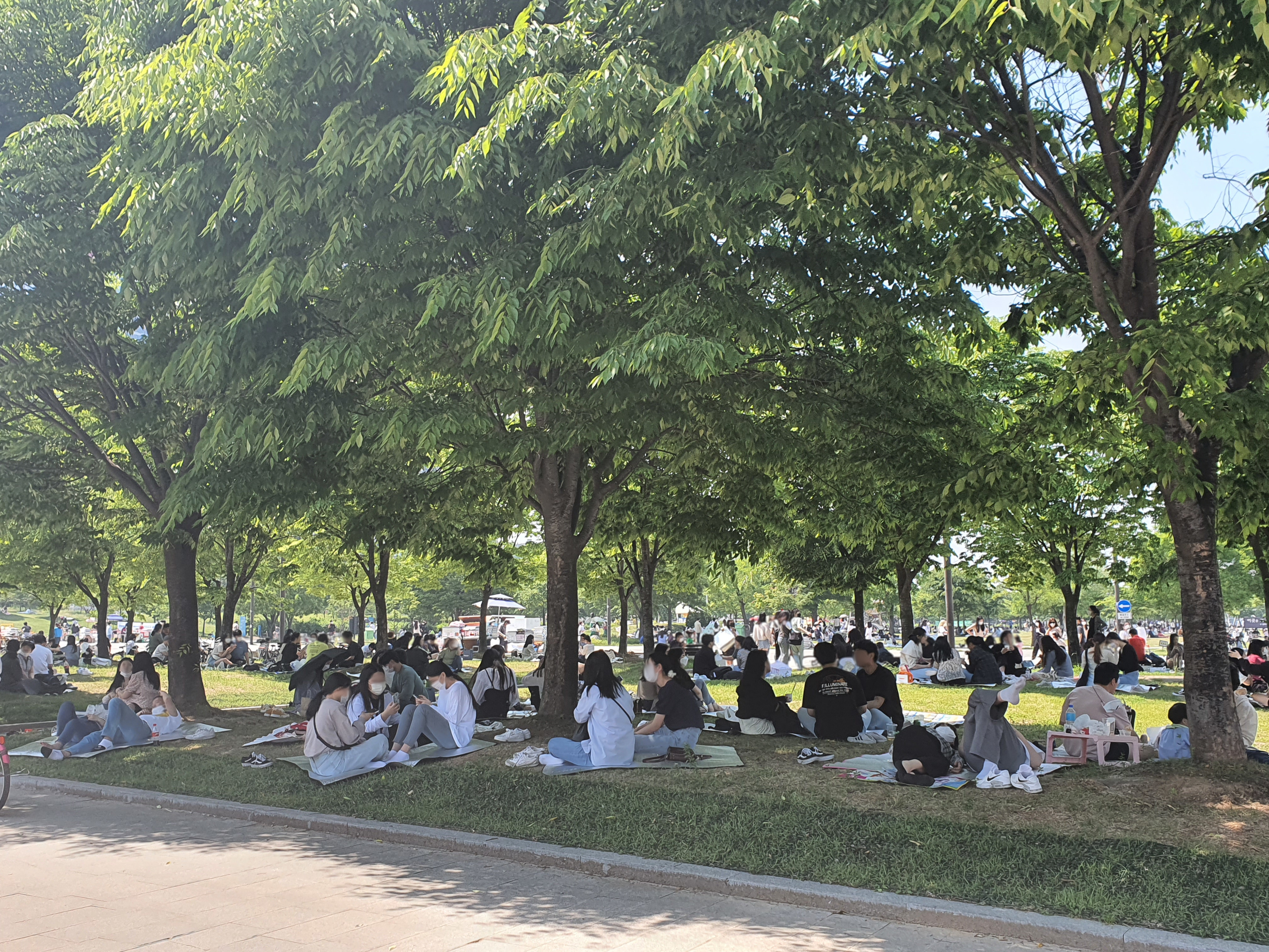 한강공원 찾은 시민들  부처님오신날인 19일 서울 여의도 한강공원에서 시민들이 마스크를 벗고 음식을 먹으며 이야기를 나누고 있다.