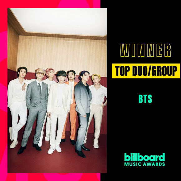 미국 음악시상식 ‘빌보드 뮤직 어워즈’에서 방탄소년단(BTS)이 23일(현지시간)‘톱 듀오/그룹’(Top Duo/Group) 등 총 4개 부문 수상자로 이름을 올렸다. 빅히트뮤직 제공