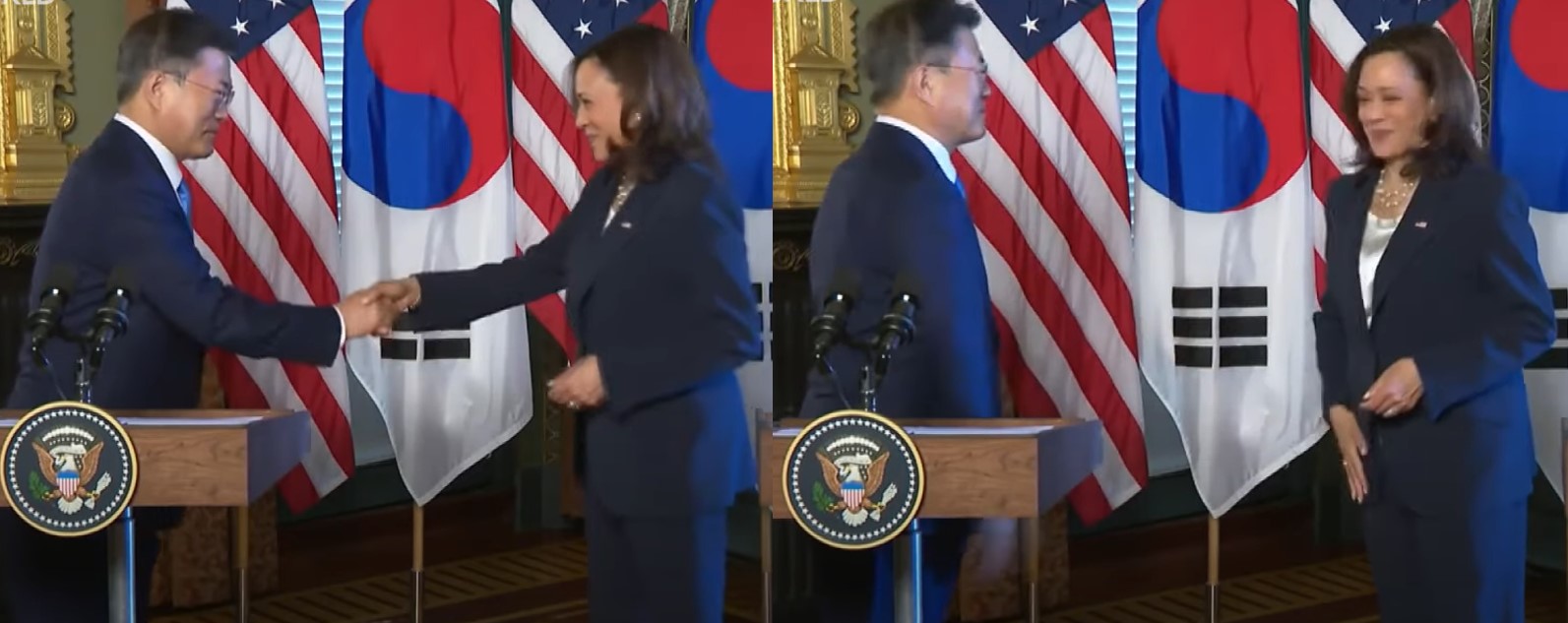 지난 21일(현지시간) 만난 문재인 대통령과 카멀라 해리스 미국 부통령. 유튜브 캡쳐