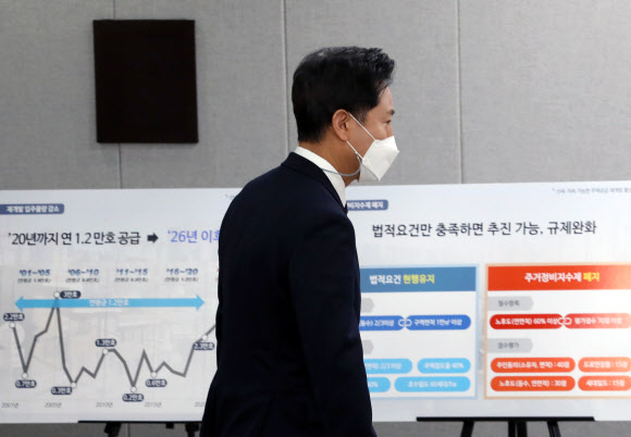 청사 브리핑실 입장하는 오세훈 서울시장