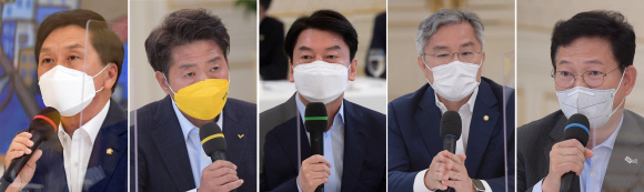 국민의힘 김기현 대표 권한대행, 정의당 여영국 대표, 국민의당 안철수 대표, 열린민주당 최강욱 대표, 더불어민주당 송영길 대표(사진 왼쪽부터)가 26일 오전 청와대에서 열린 오찬 간담회에서 발언하고 있다. 이날 당 대표들은 각당을 상징하는 색깔의 마이크를 들고 발언하고 있다. 2021. 5. 26 도준석 기자 pado@seoul.co.kr